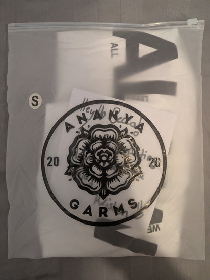 Ananya Garms Drop 001 Bremner & Co heavyweight T-shirt packaged with branded Yorkshire rose packaging